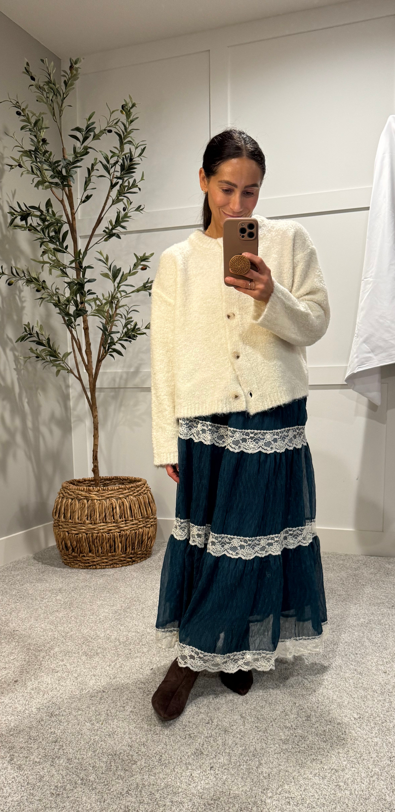 Tiered Lace-Trim Maxi Skirt | Teal Blue