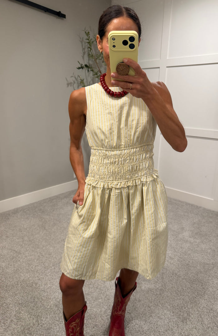 Meredith Pinstripe Mini Dress | Butter Yellow Stripe