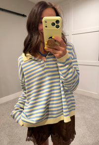 Varley Striped Collared Sweater | Butter/Blue