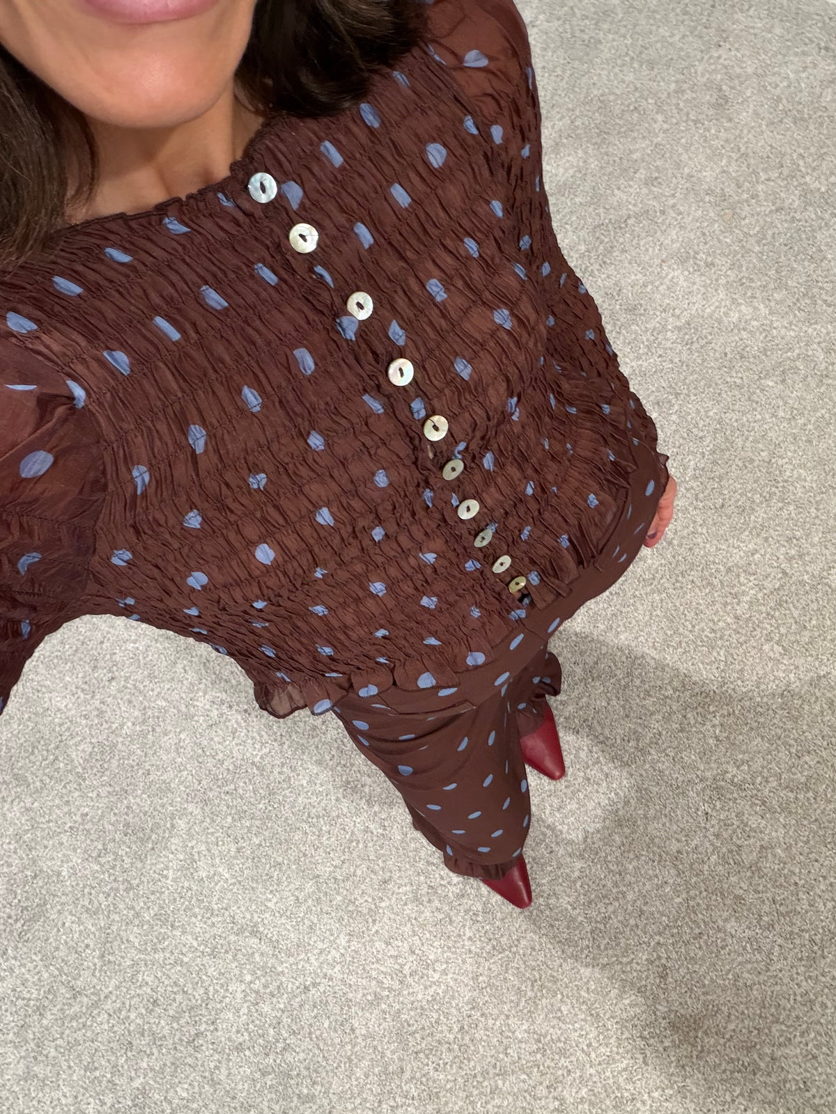 Ashton Top | Brown/Blue Polka Dot