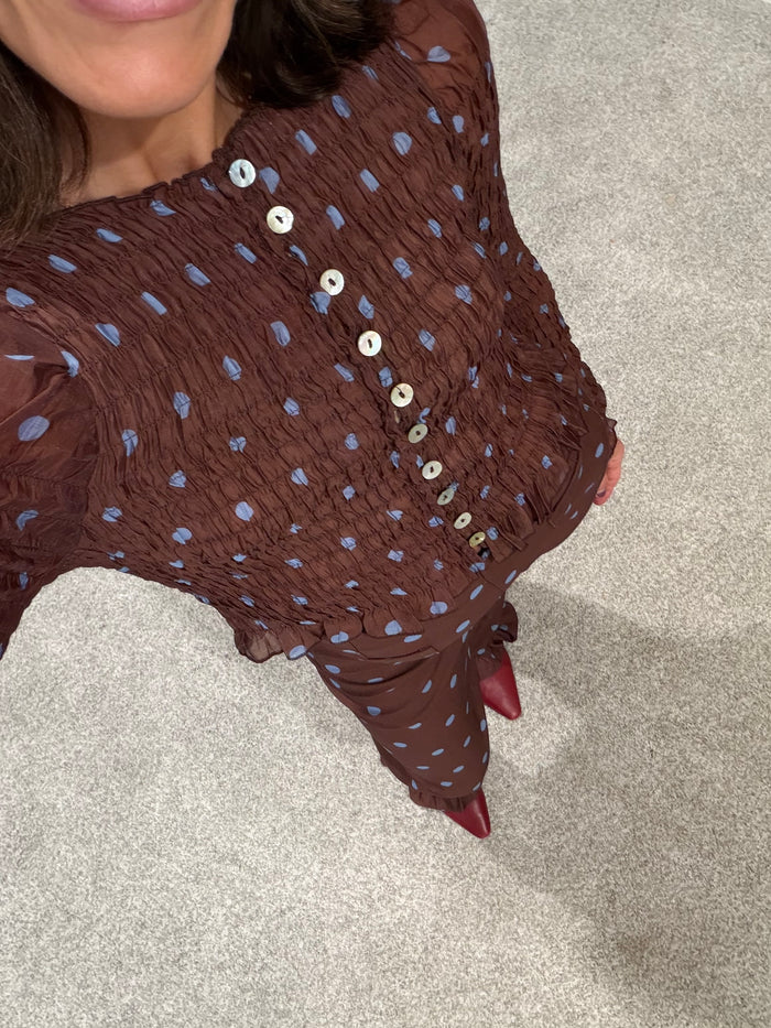 Ashton Top | Brown/Blue Polka Dot