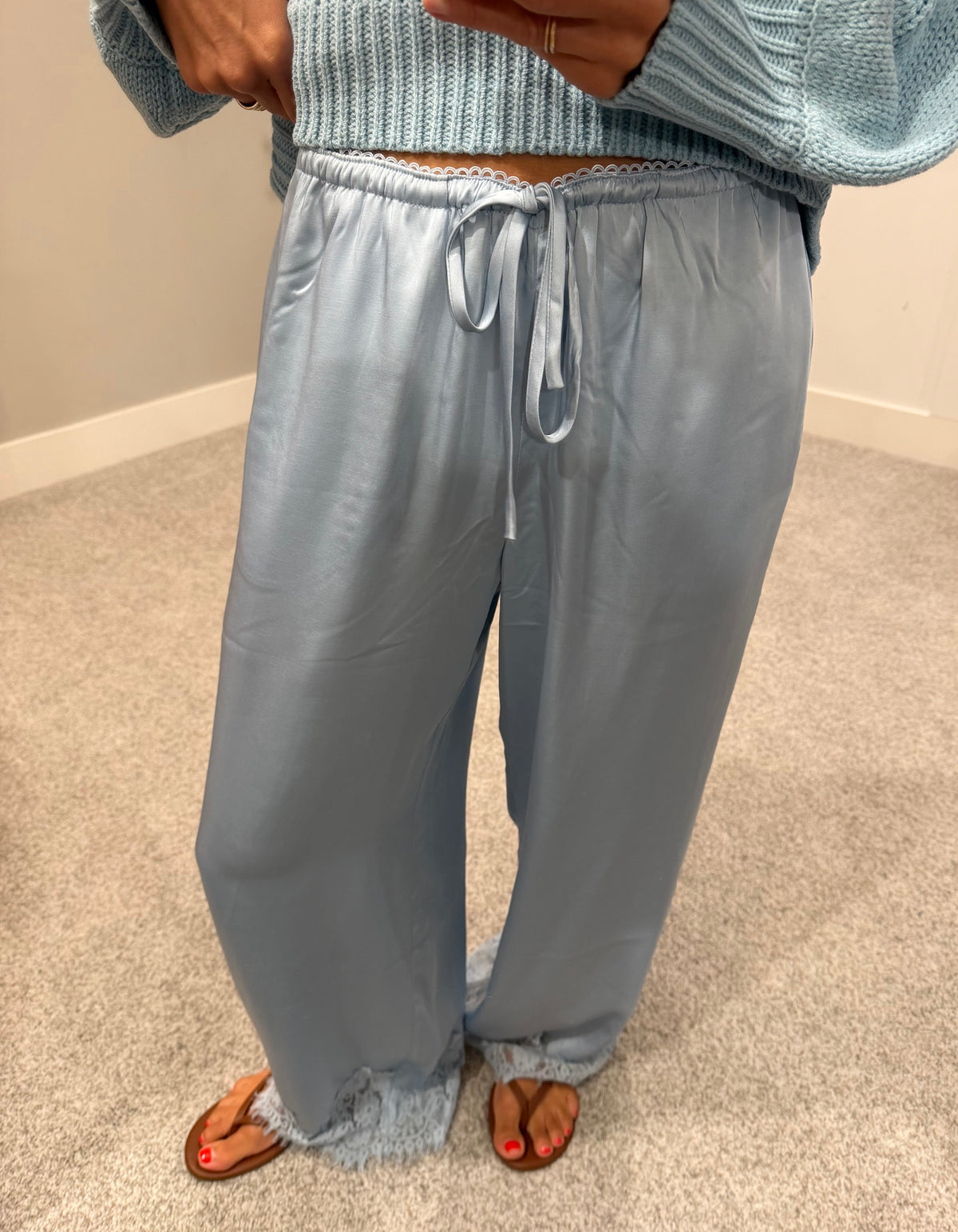 Mireya Satin Lace Trim Pants | Blue