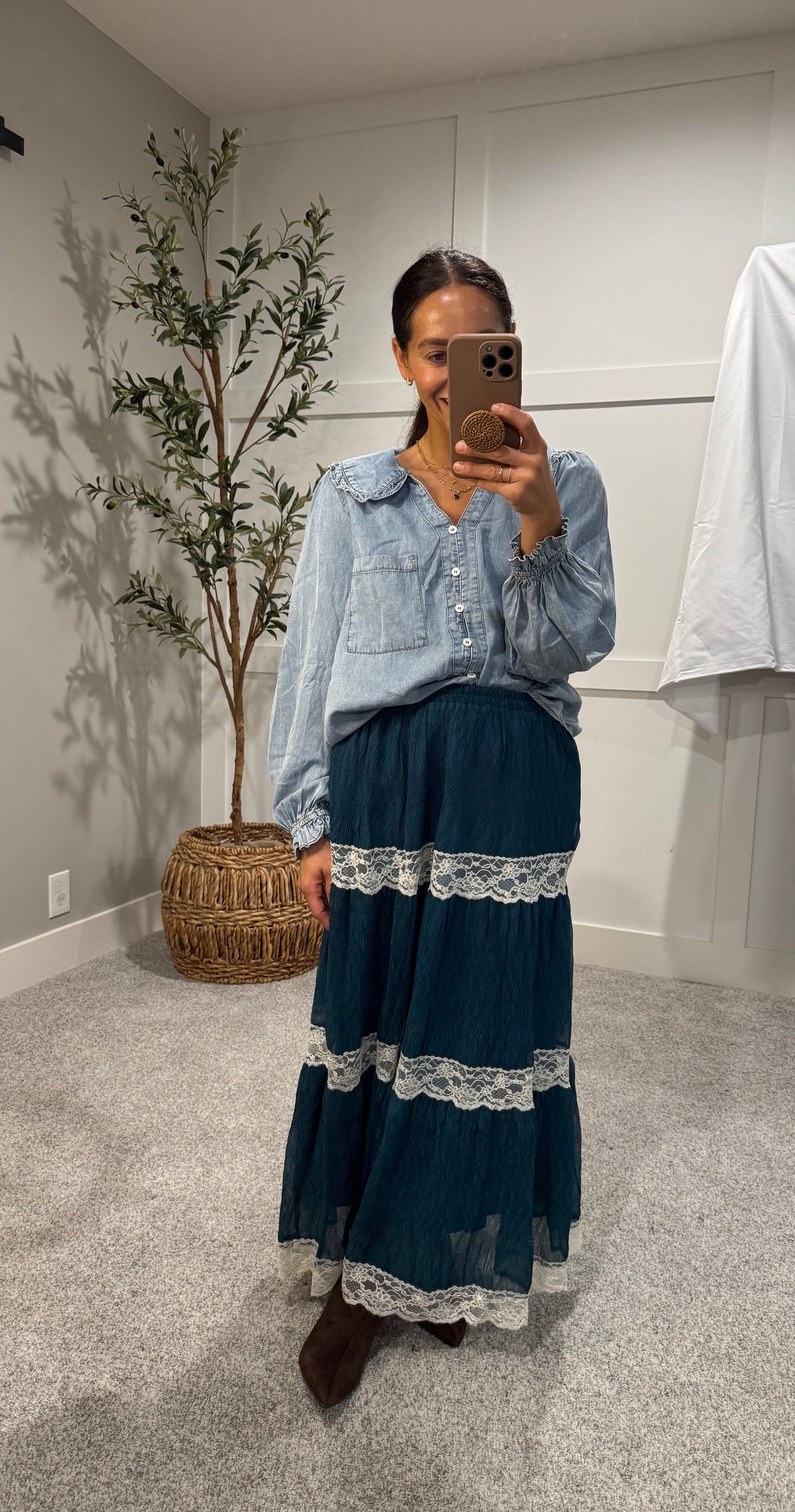 Tiered Lace-Trim Maxi Skirt | Teal Blue