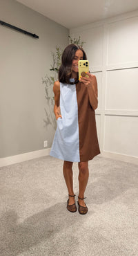 Color Block Shift Dress | Blue/Brown