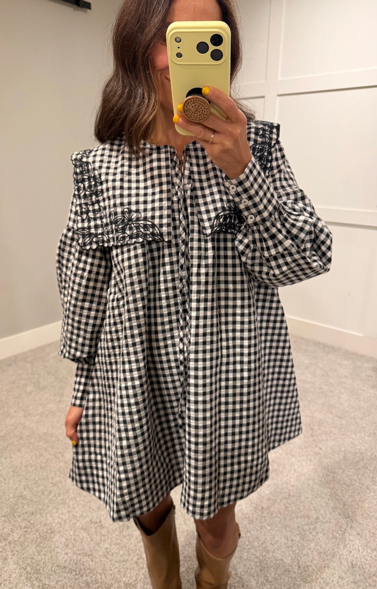 Riley Embroidered Collar Gingham Dress | Black/White