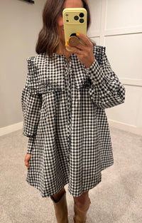 Riley Embroidered Collar Gingham Dress | Black/White