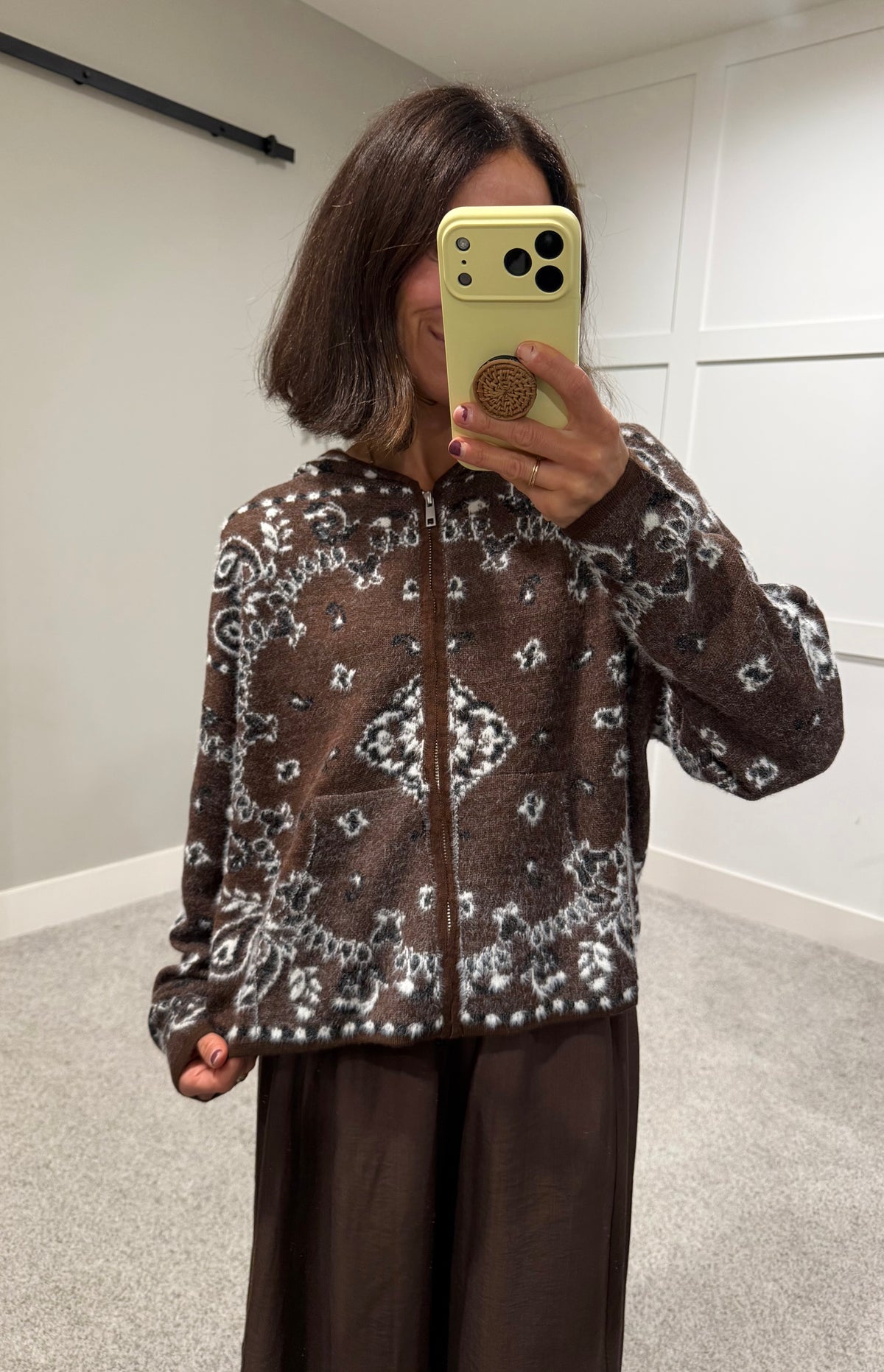 Pine Fuzzy Knit Hoodie Cardigan | Brown Paisley Bandana Print