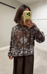 Pine Fuzzy Knit Hoodie Cardigan | Brown Paisley Bandana Print