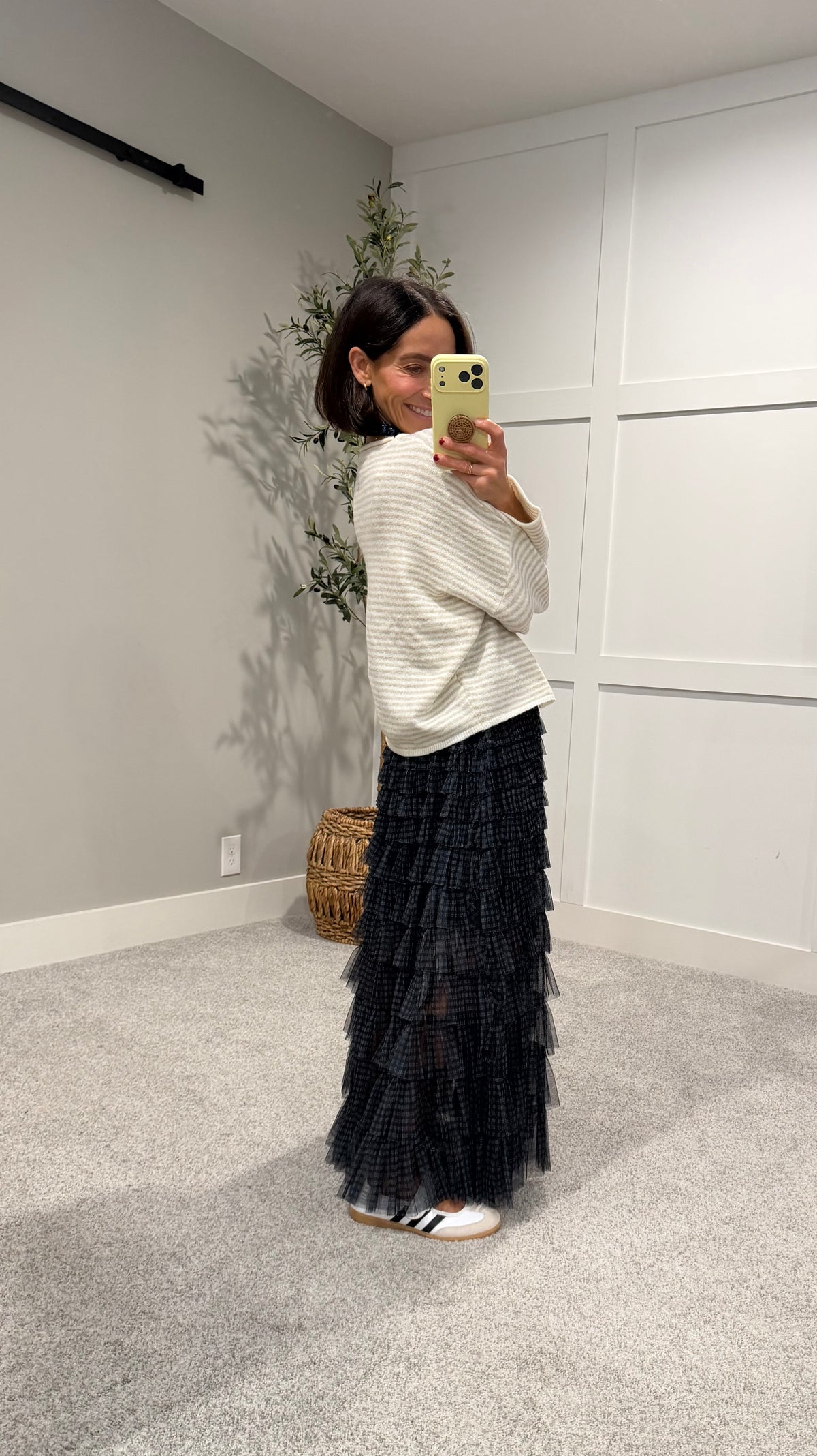 Striped Rolled Neck Sweater-Ecru