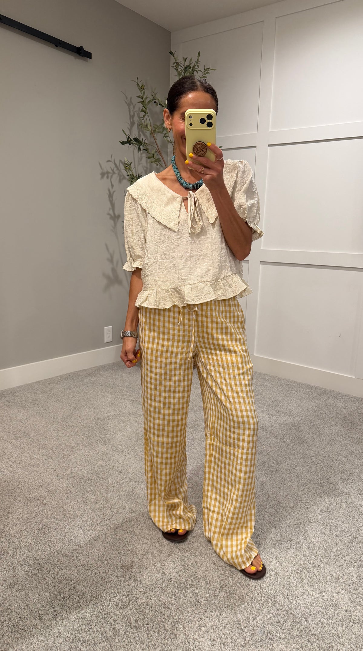 Gingham Print Drawstring Pants | Yellow