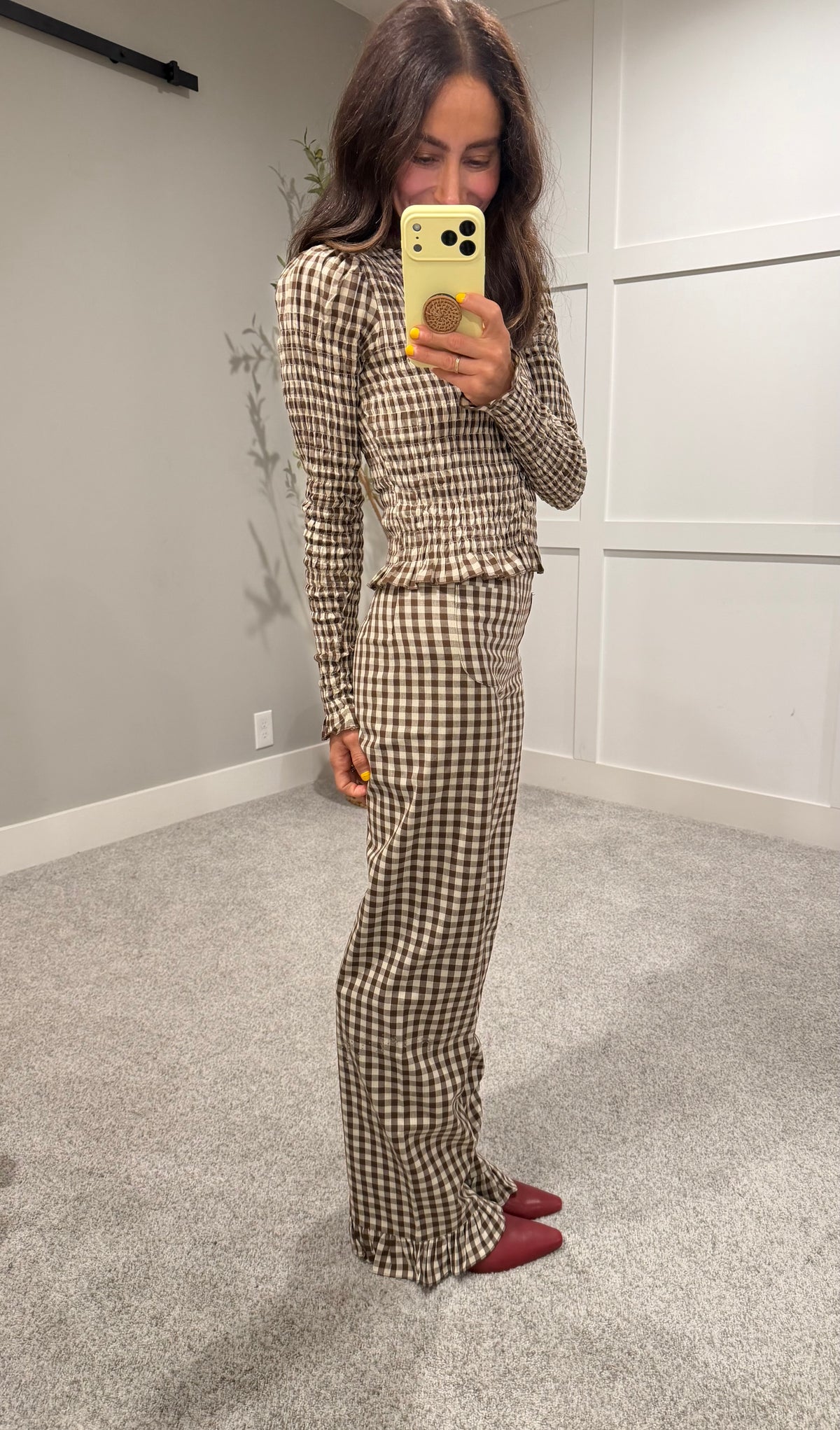 Ashton Ruffle Trim Pants | Brown/Cream Gingham