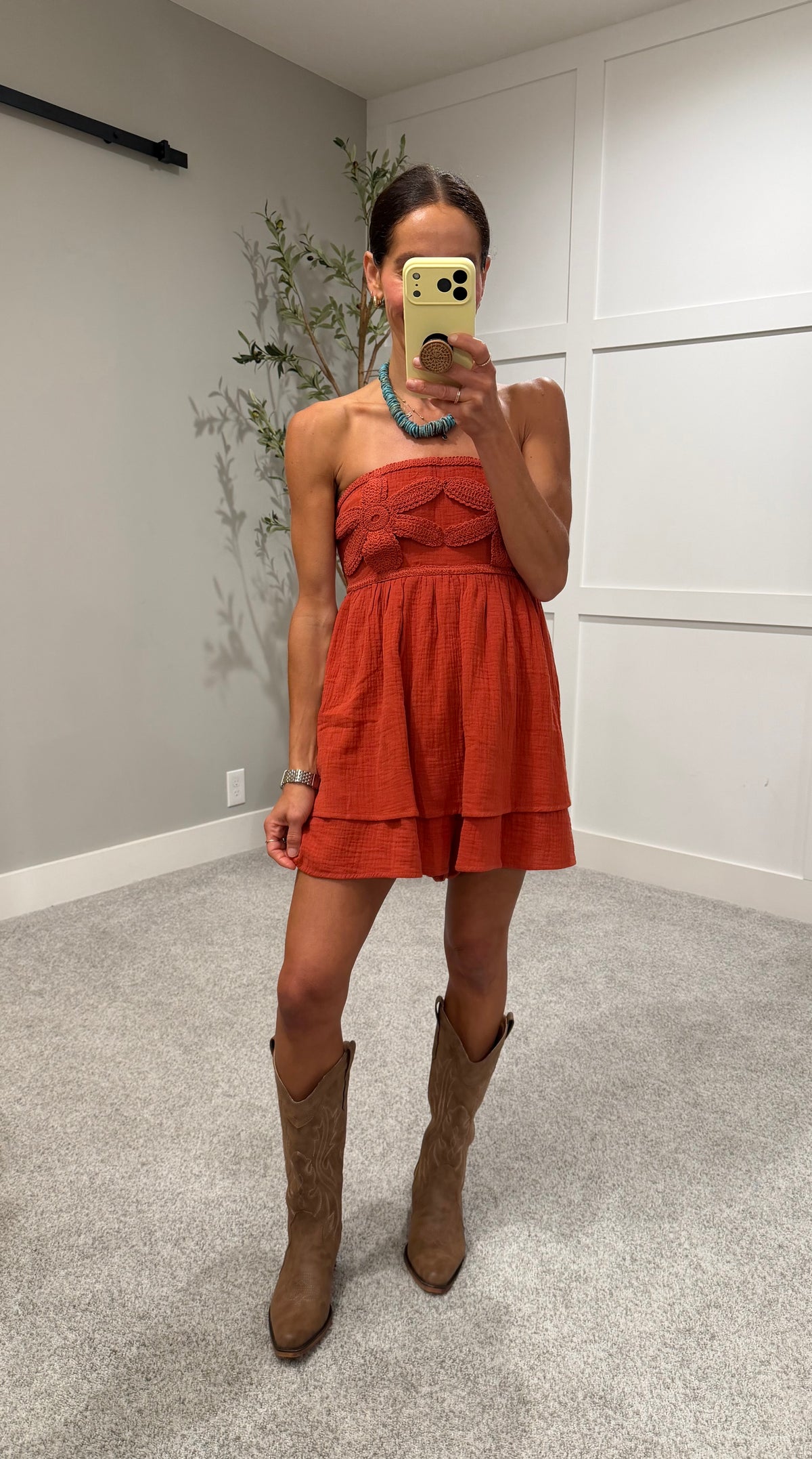 Crochet Cotton Babydoll Romper | Rust