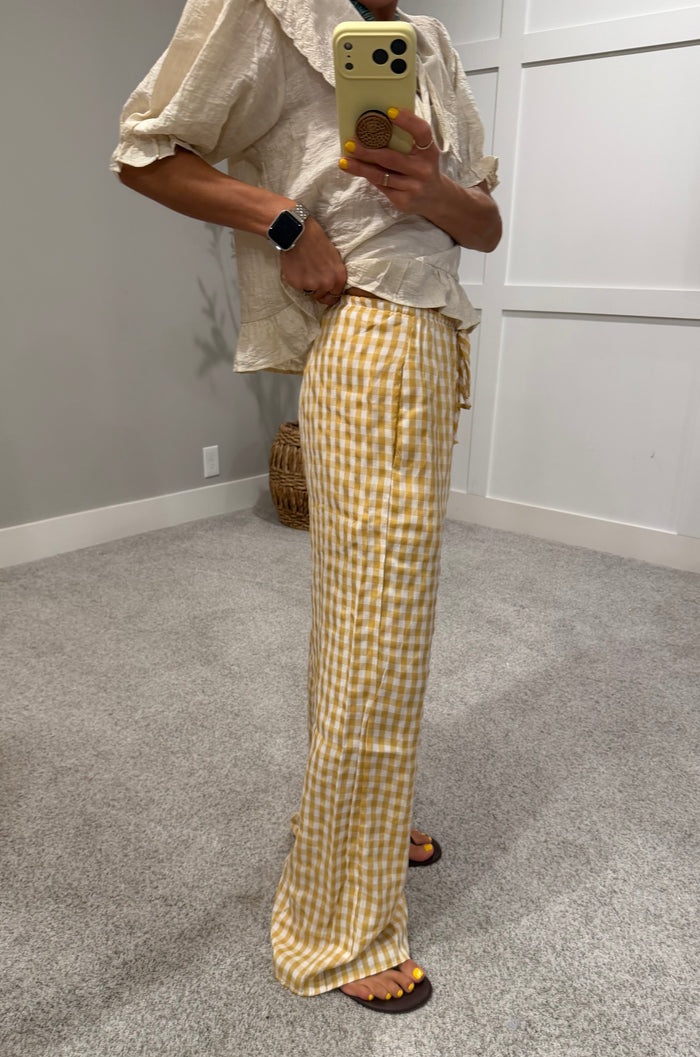 Gingham Print Drawstring Pants | Yellow