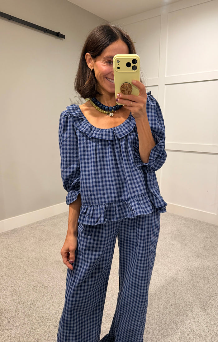Baron Ruffle Pant Set | Navy/Blue Gingham Print
