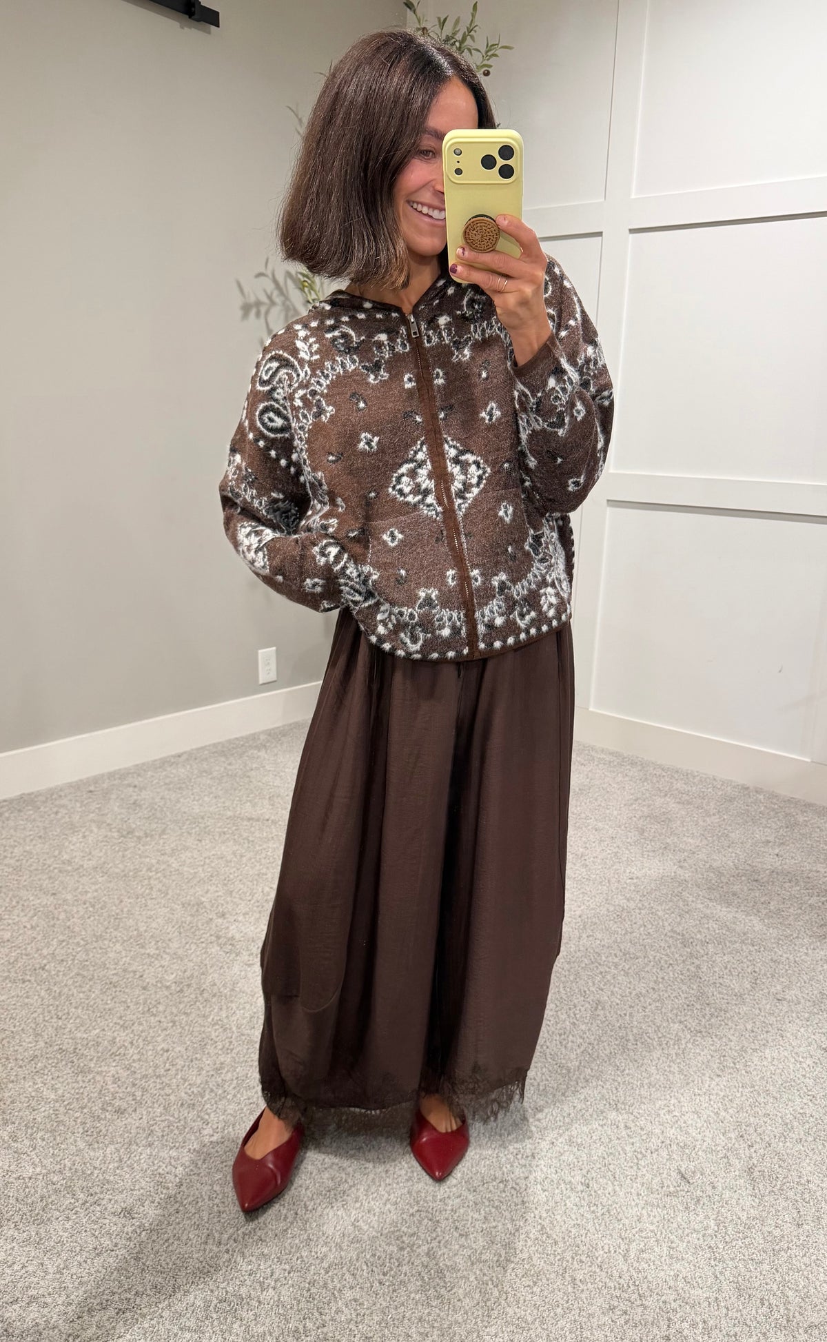 Pine Fuzzy Knit Hoodie Cardigan | Brown Paisley Bandana Print
