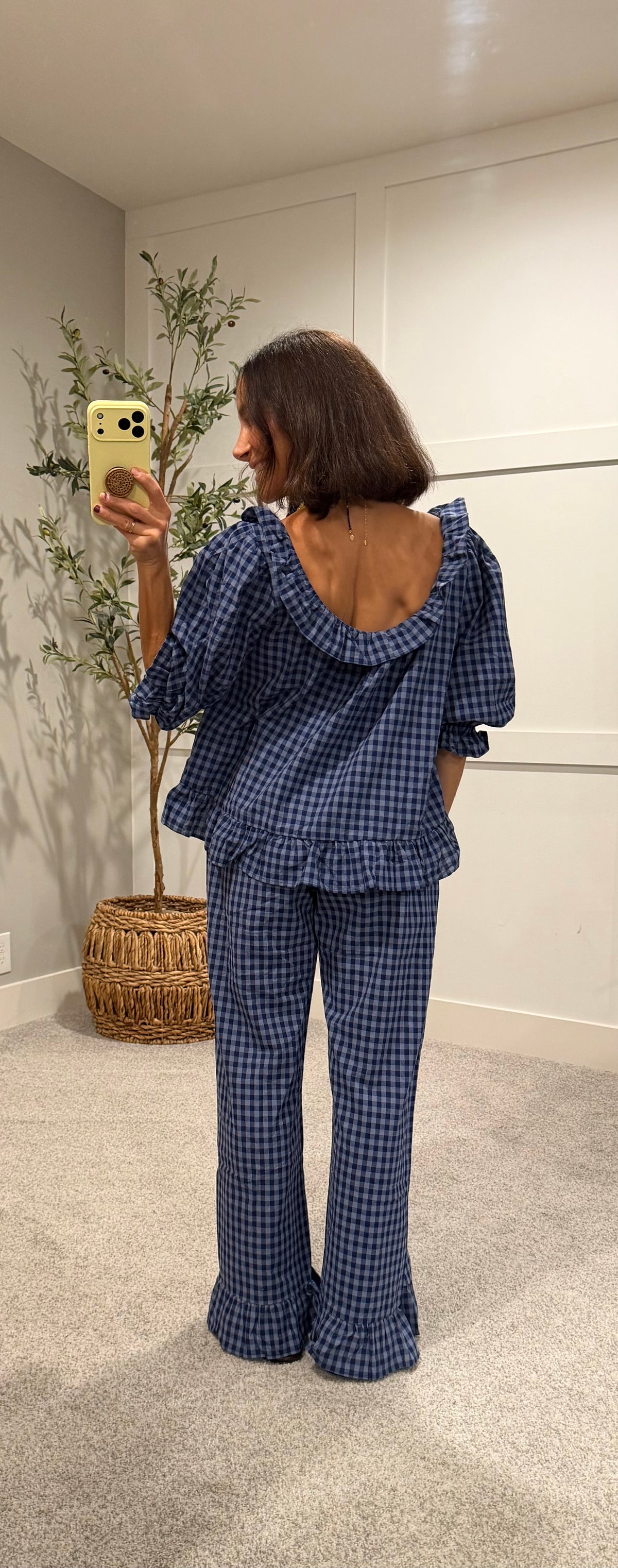 Baron Ruffle Pant Set | Navy/Blue Gingham Print