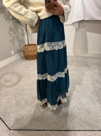 Tiered Lace-Trim Maxi Skirt | Teal Blue