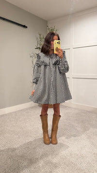 Riley Embroidered Collar Gingham Dress | Black/White