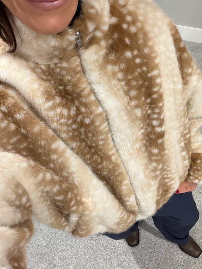 Faux Fur Deer Print Zip Jacket | Light Beige-Brown