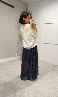 Striped Rolled Neck Sweater-Ecru