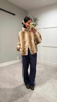 Faux Fur Deer Print Zip Jacket | Light Beige-Brown