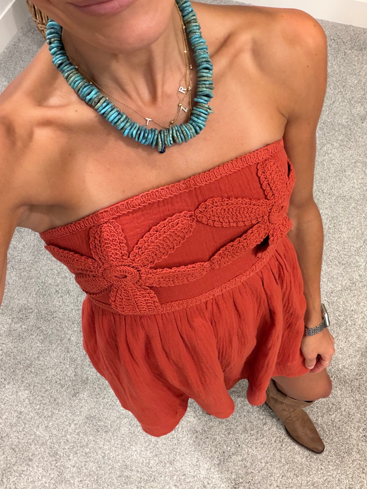 Crochet Cotton Babydoll Romper | Rust