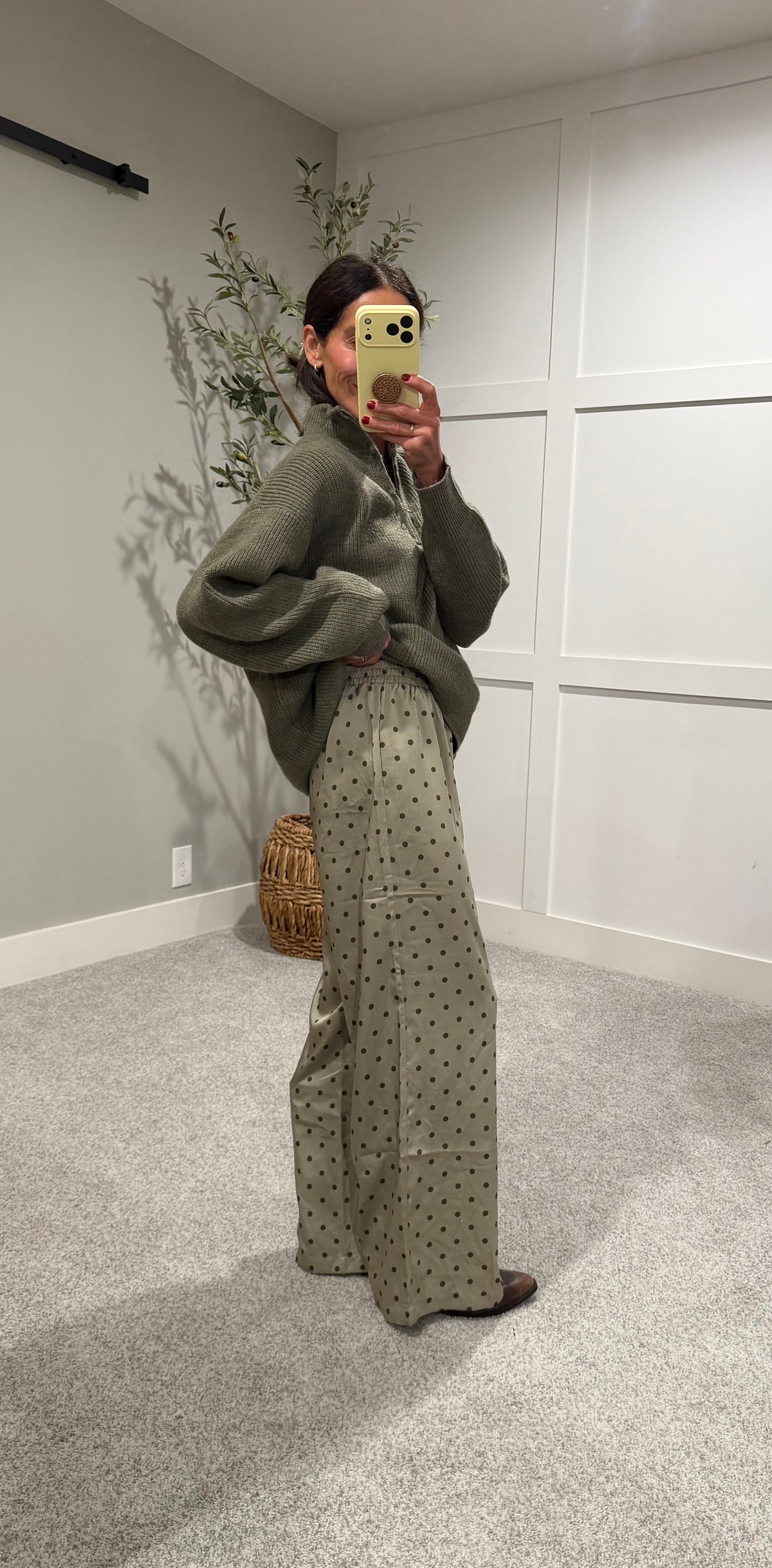 Olive Satin Polka Dot Pants | Light/Olive Green