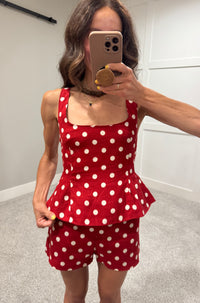 Natalia Polka Dot Peplum Set | Red/Natural