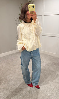 Lace Pintuck Detail Button Blouse | Cream