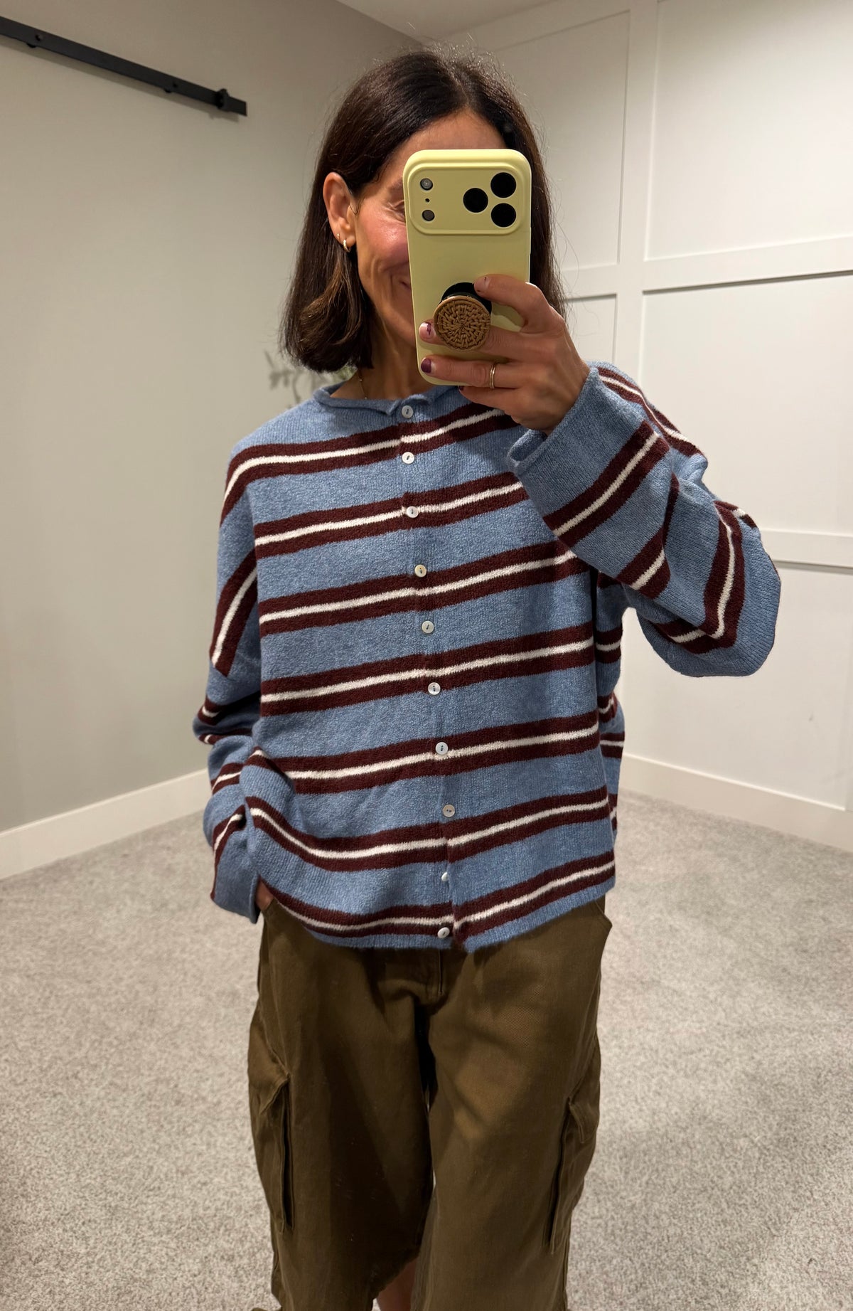 Piper Varsity Striped Cardigan | Dusty Blue/Maroon