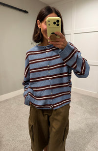 Piper Varsity Striped Cardigan | Dusty Blue/Maroon