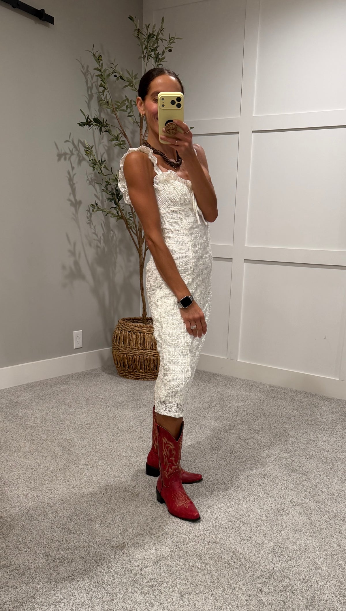 Knit Floral Lace Ruffled Midi Dress | Cream