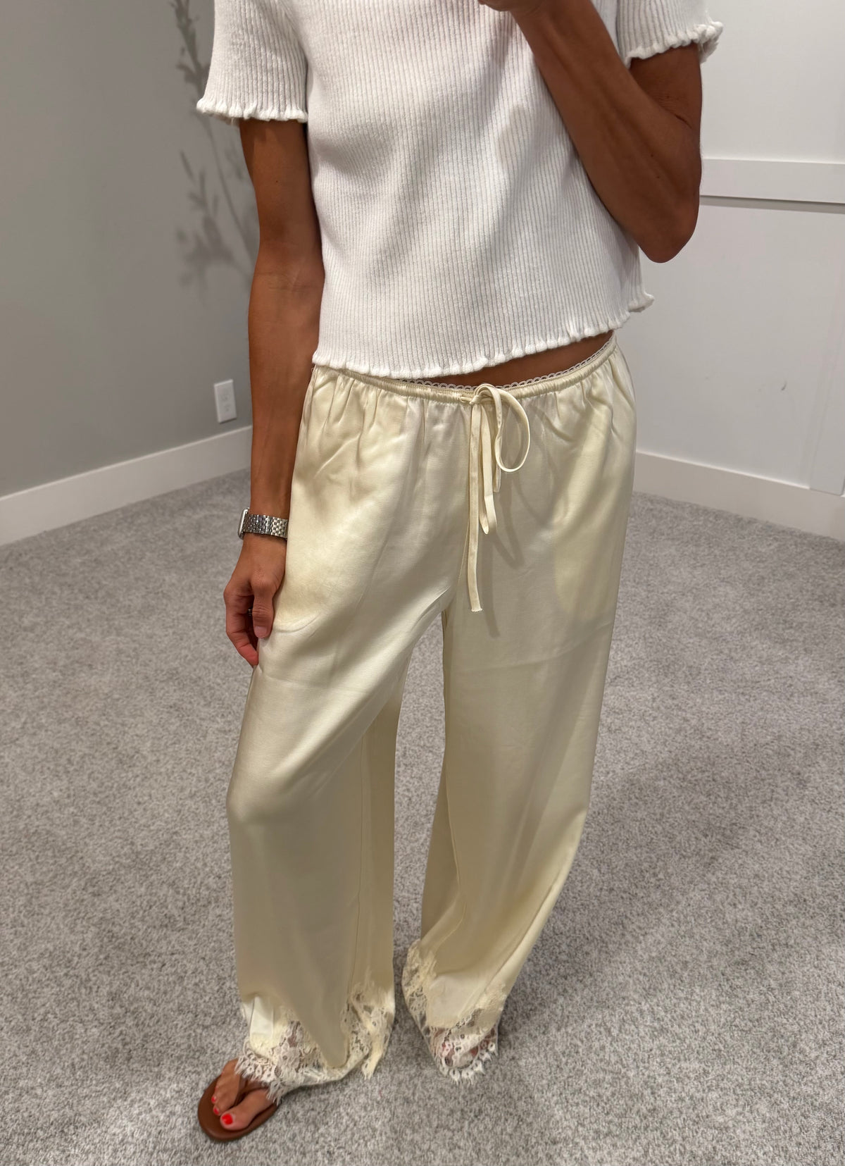 Mireya Satin Lace Trim Pants | Cream