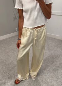 Mireya Satin Lace Trim Pants | Cream