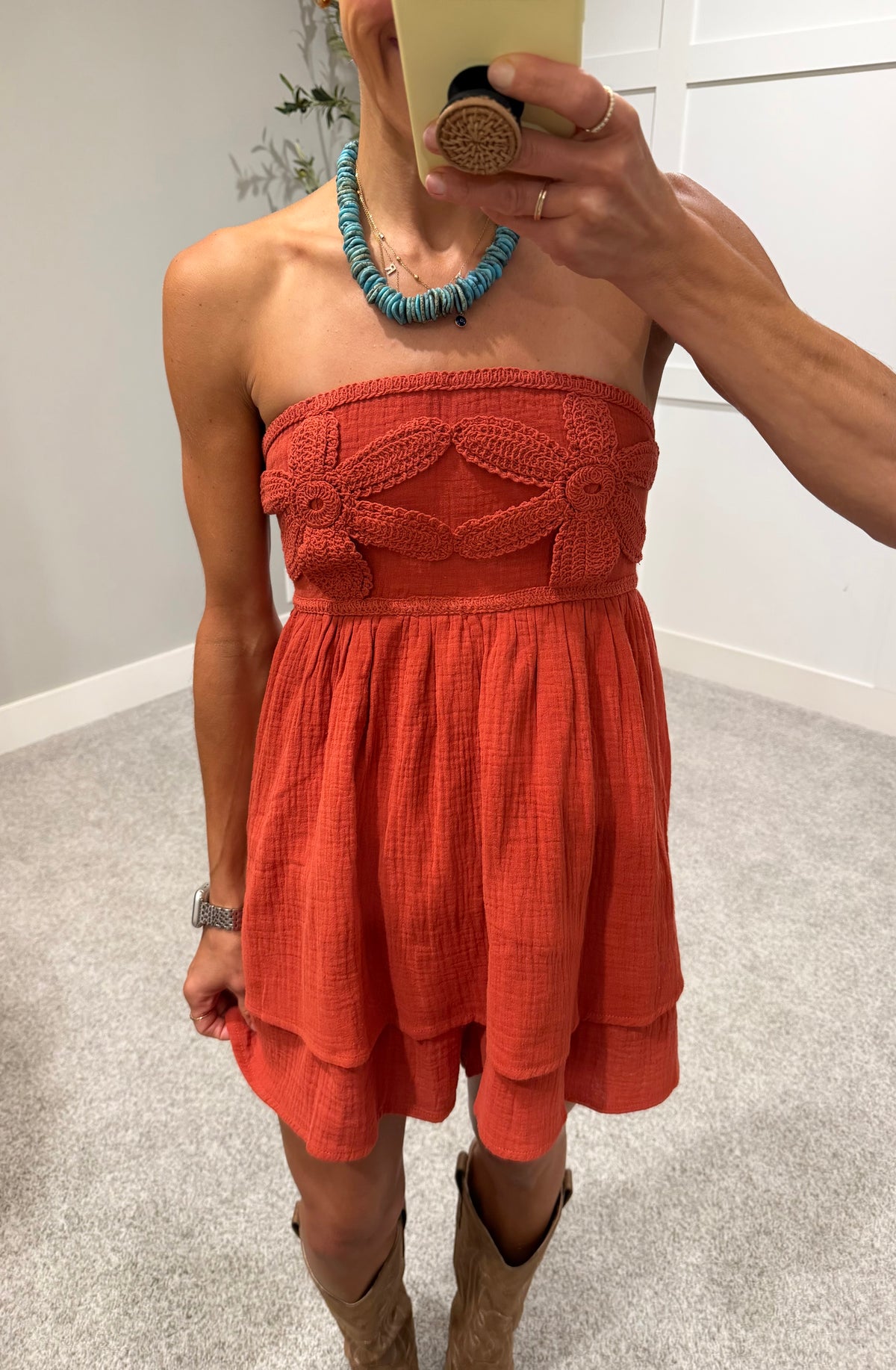 Crochet Cotton Babydoll Romper | Rust