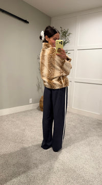 Faux Fur Deer Print Zip Jacket | Light Beige-Brown