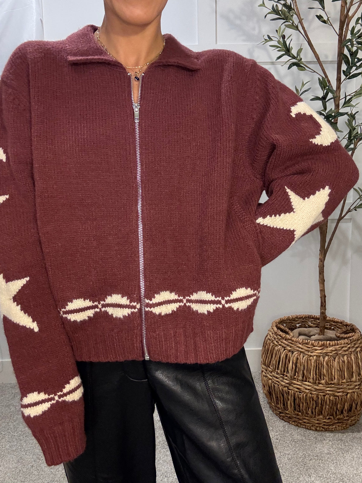 Cozy Pattern Zip Sweater Jacket | Wine