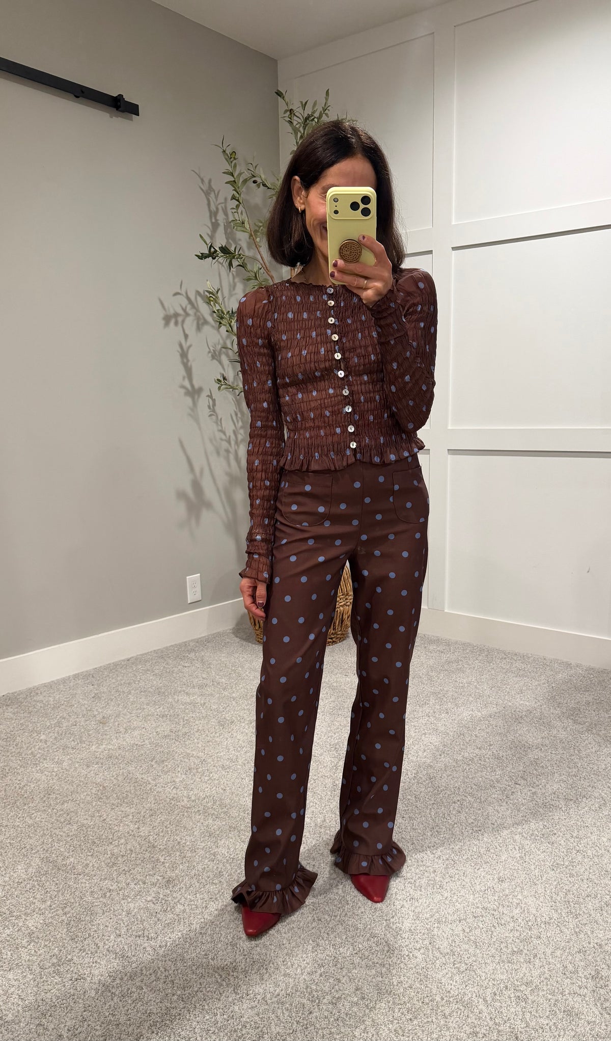 Ashton Ruffle Trim Pants | Brown/Blue Polka Dot