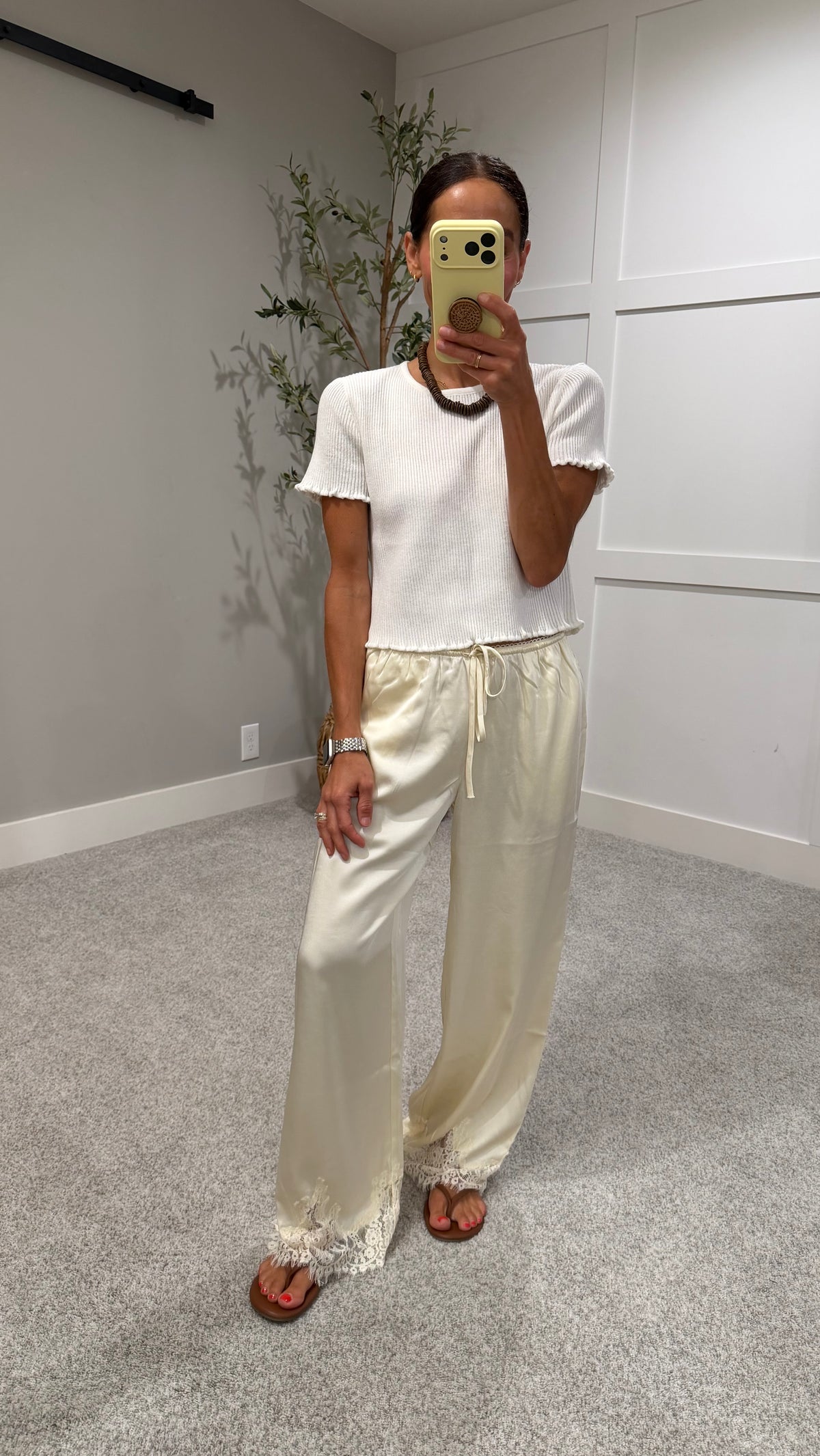 Mireya Satin Lace Trim Pants | Cream