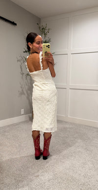Knit Floral Lace Ruffled Midi Dress | Cream