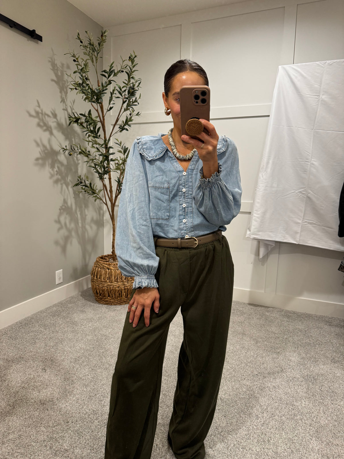 Denim Round Collar Button Down