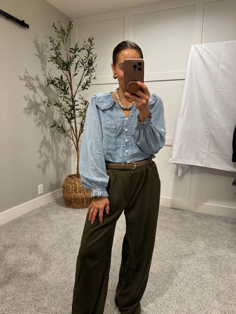 Denim Round Collar Button Down