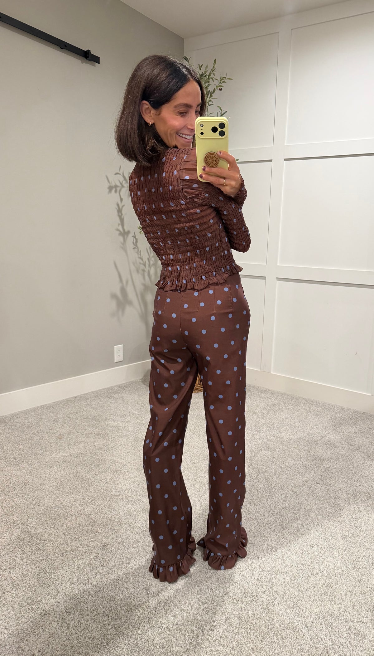 Ashton Ruffle Trim Pants | Brown/Blue Polka Dot