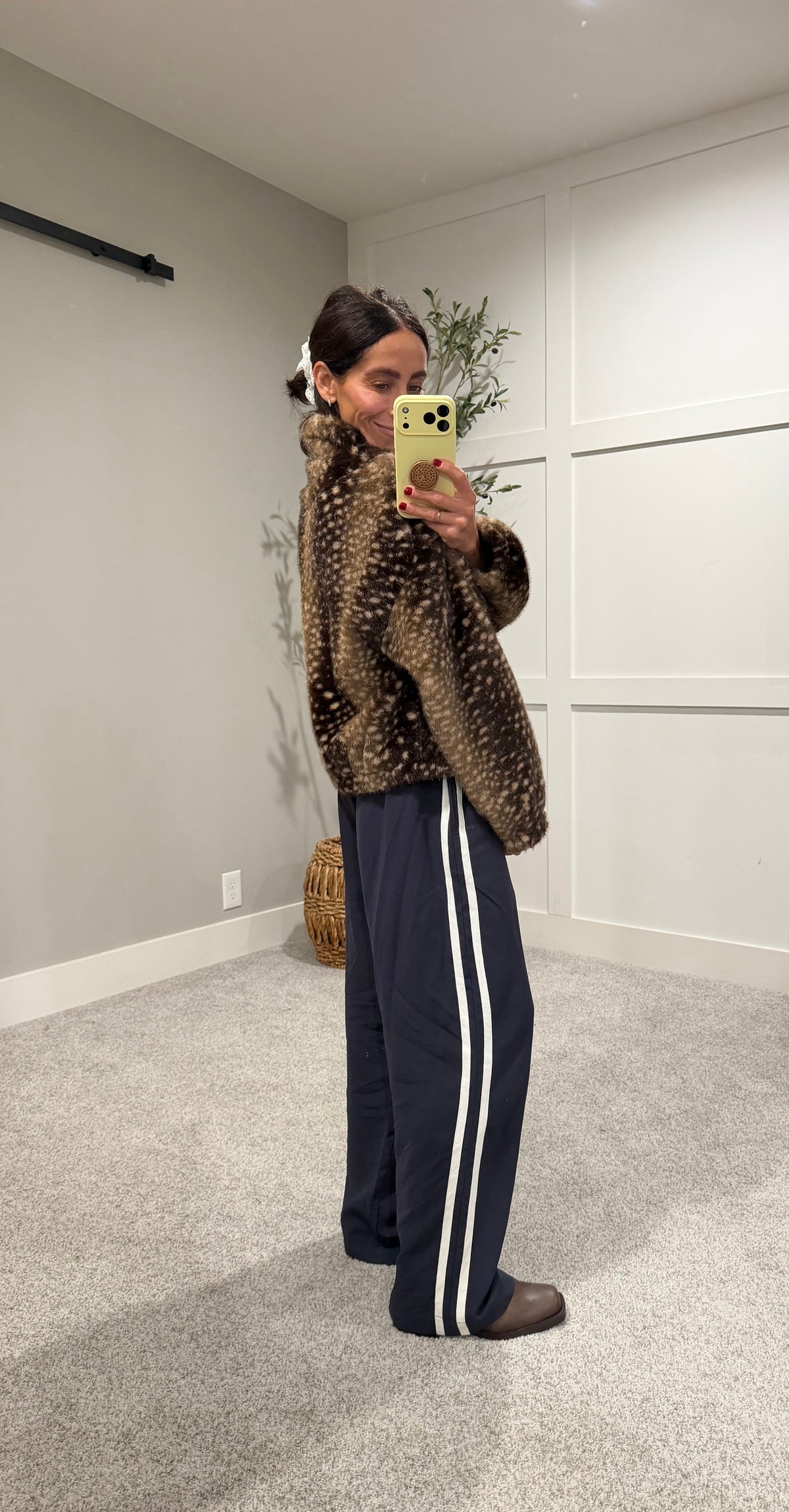 Faux Fur Deer Print Zip Jacket | Dark Taupe-Brown