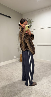 Faux Fur Deer Print Zip Jacket | Dark Taupe-Brown