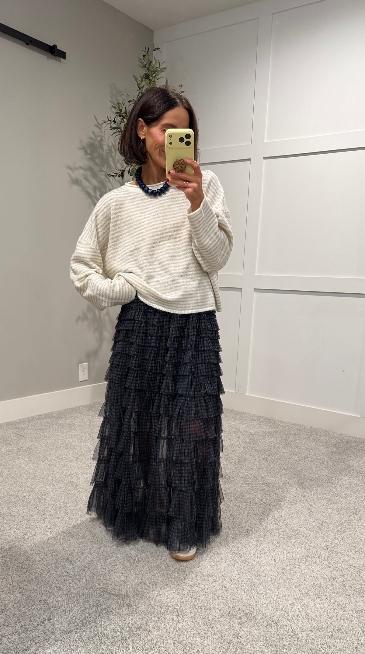 Striped Rolled Neck Sweater-Ecru