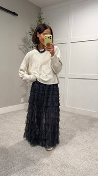 Striped Rolled Neck Sweater-Ecru
