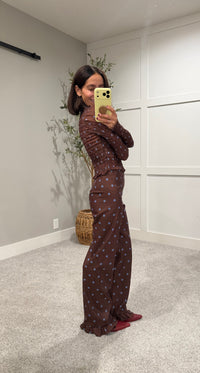 Ashton Ruffle Trim Pants | Brown/Blue Polka Dot