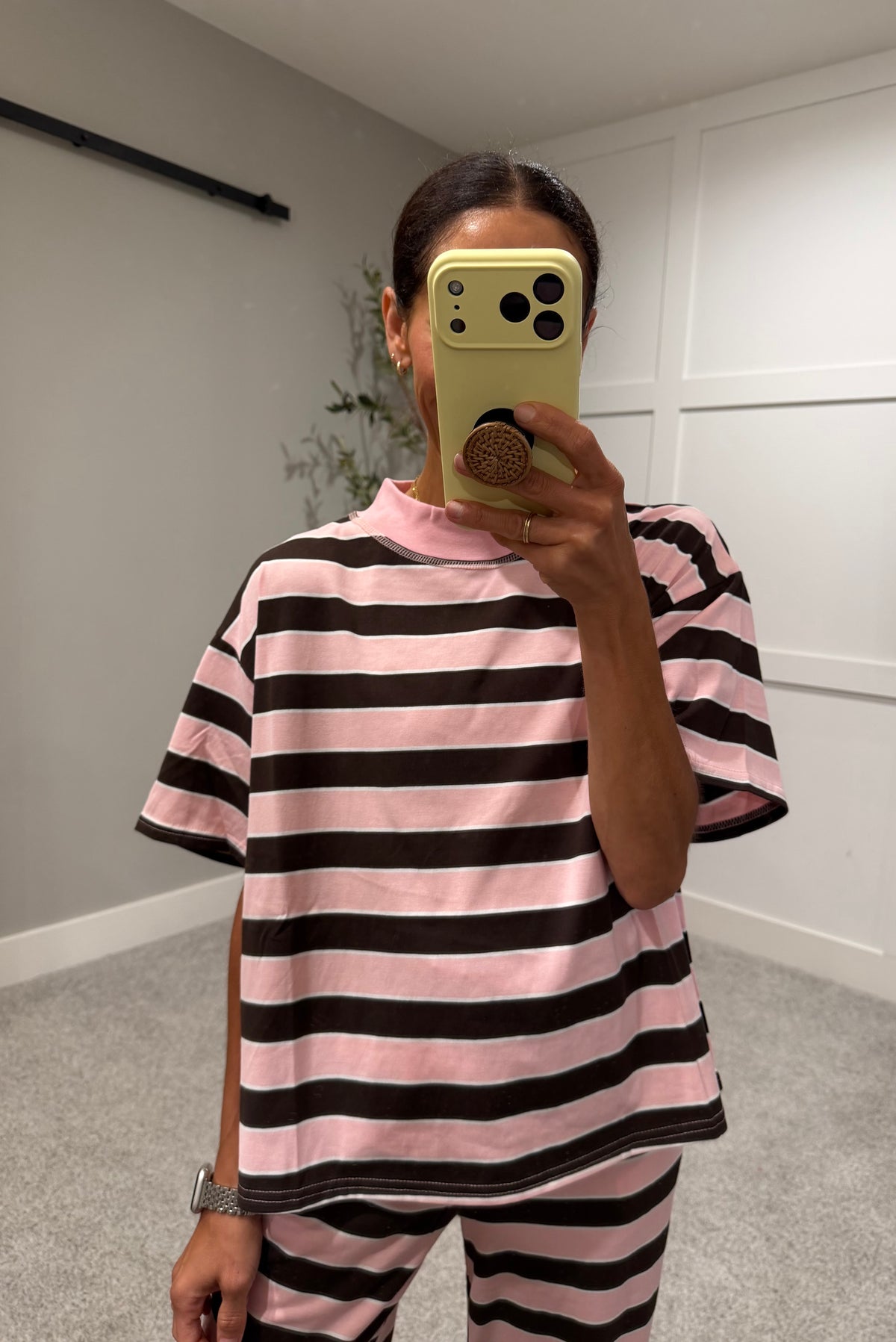 Sheila Mock Neck Striped Set | Pink/Brown