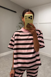 Sheila Mock Neck Striped Set | Pink/Brown